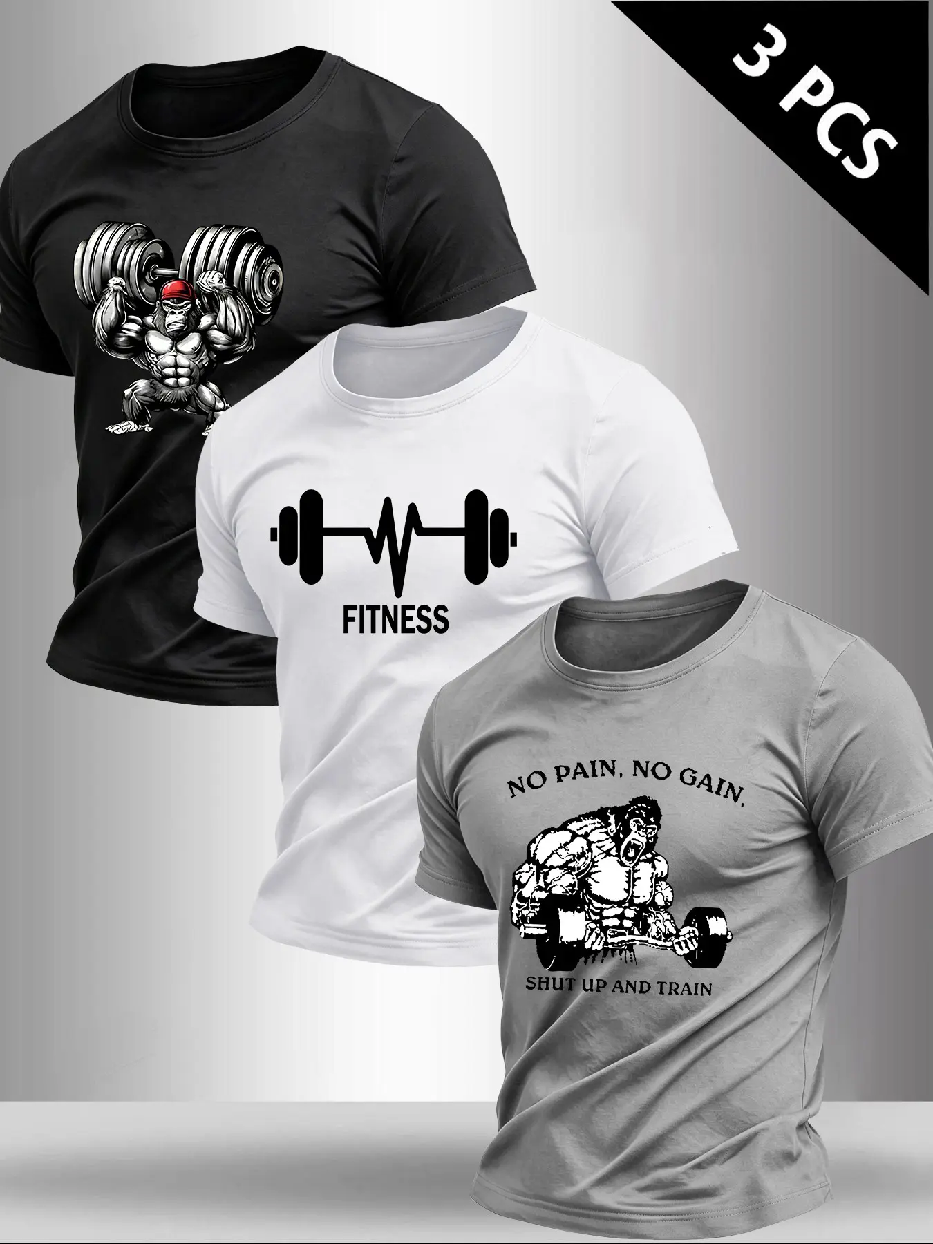 Men’s Gym Gorilla Dumbbell Heartbeat Fitness Slogan Graphic Gym Print Crew Neck Short Sleeve T-Shirt 3 Pack Workout Training Casual Daily Athletic Tee For Weightlifting Street Outfits#GymGorillaTee  #WeightliftingApparel #TrendingMens#AthleticDailyWear
