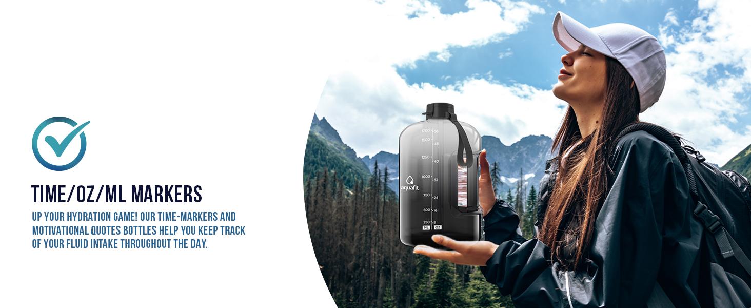 AGS AQUAFIT 64 oz Water Bottle with Time Marker - Straw & Chug Lid - BPA Free Half Gallon Gym Water Bottle with Handle - Big Gallon Jug (Gray, 64 Ounces)