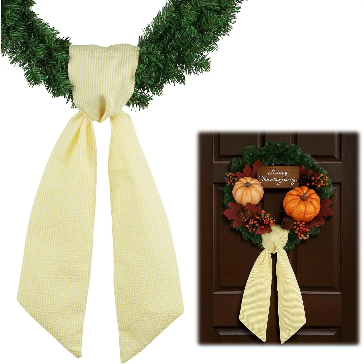 Yellow Striped Wreath Sash for Front Door Wreath, 5.12" Wide x 54.33" Fall Thanksgiving Summer Holiday Door Ribbon Decorations Wedding