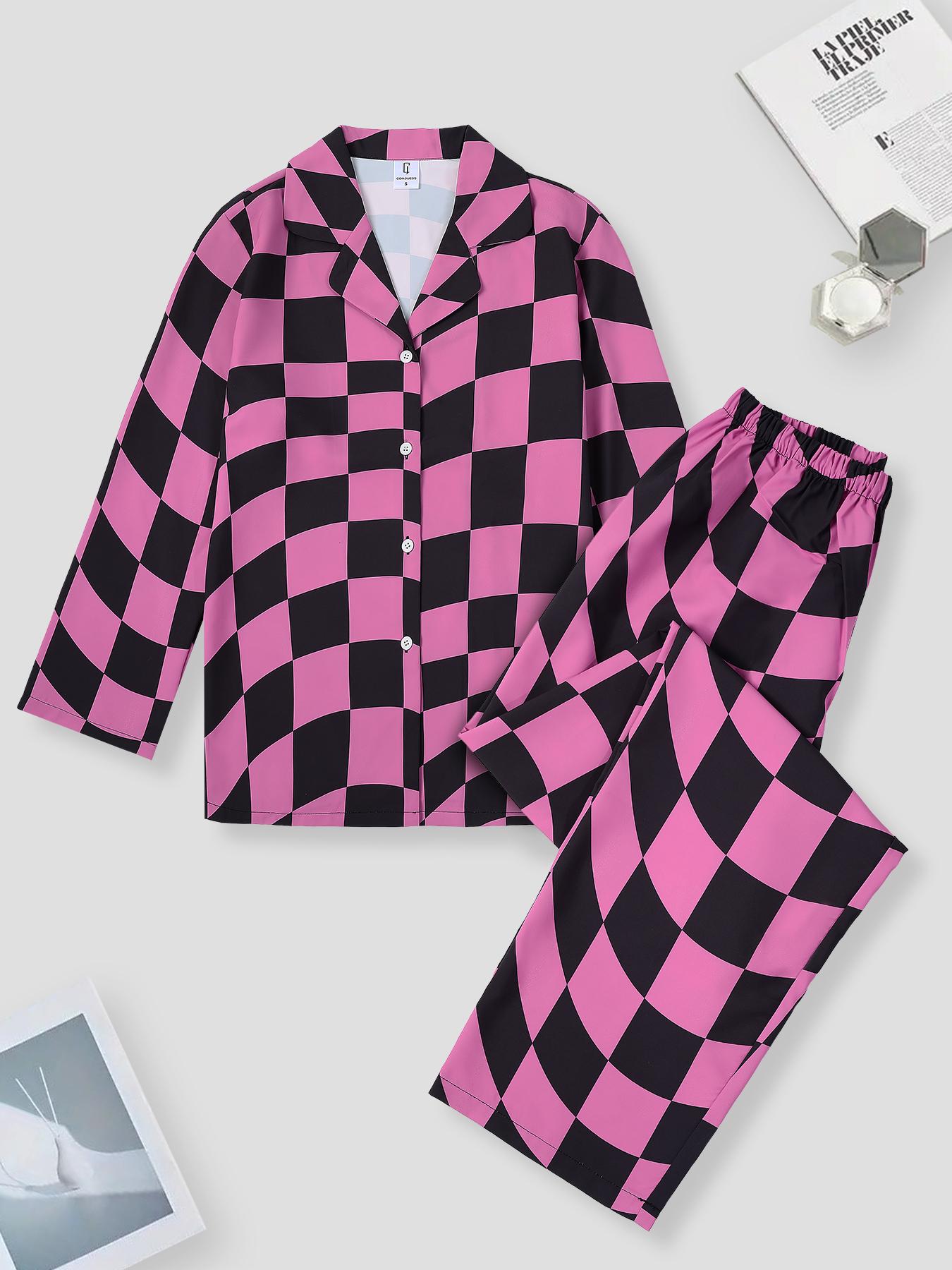 Women's Plaid Print Lapel Collar Button Front Shirt & Elastic Waist Pants Loungewear Set, Comfort Long Sleeve Top & Trousers PJ Set, Women's Sleepwear For Spring & Fall