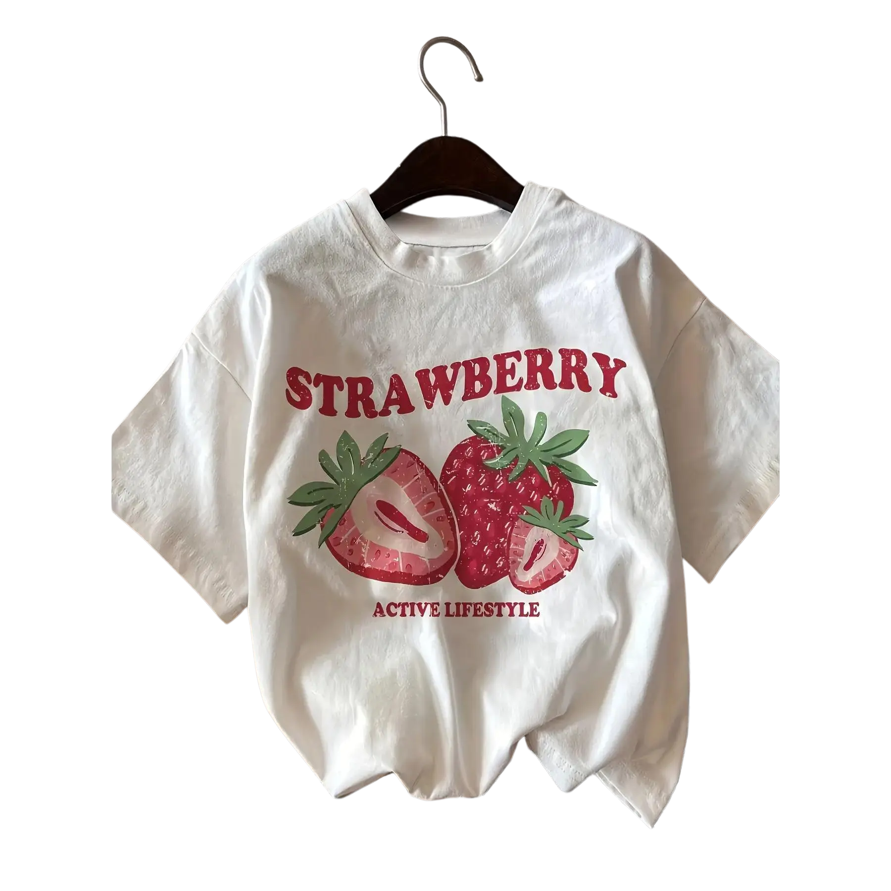 Women'S Strawberry Cartoon Pattern Print Casual Sports Round Neck Short Sleeve Graphic T Shirt, Strawberry Print 100% Cotton Women’s Crew Neck Tee, Cute Fruit Casual Short Sleeve Top
