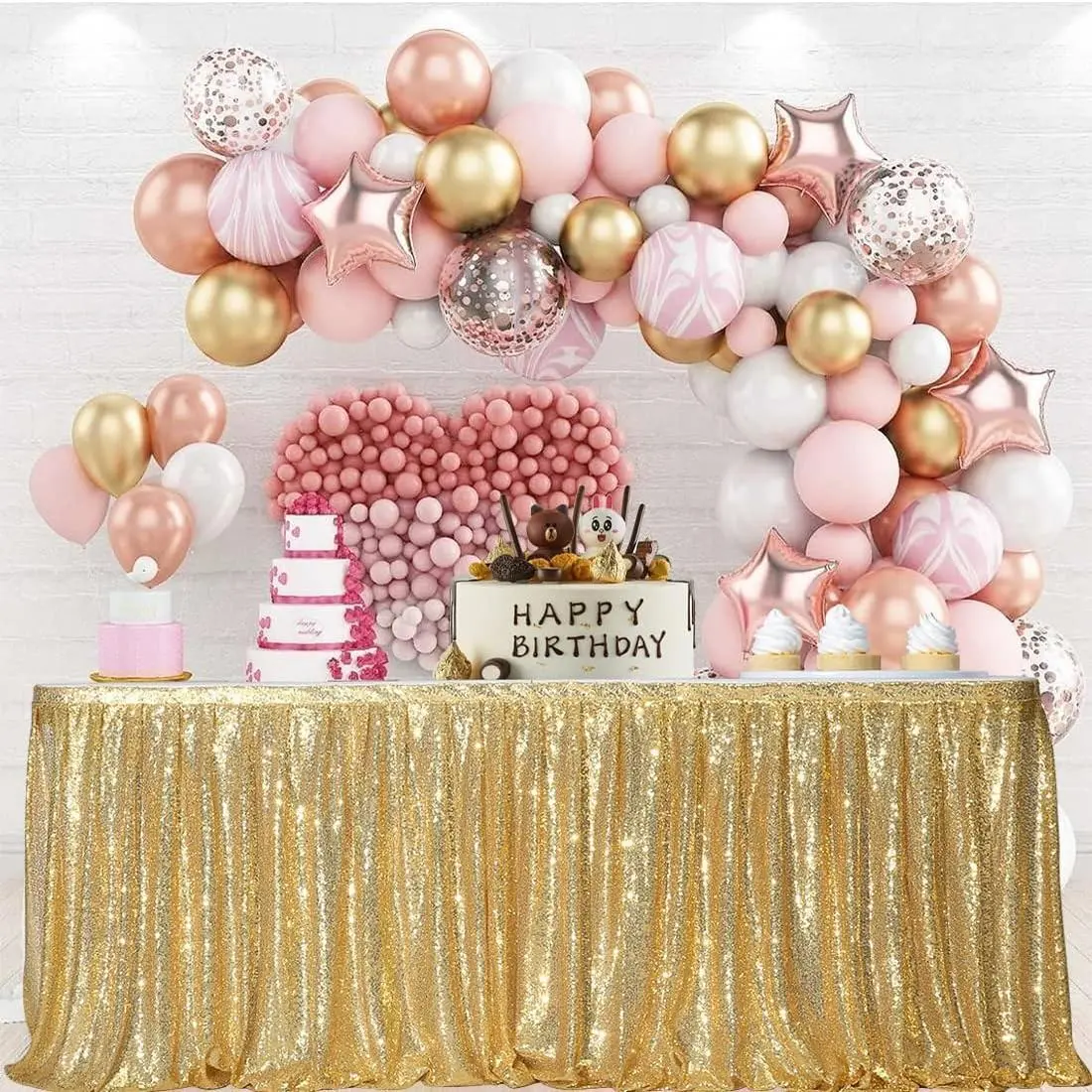 Glueless Gold Sequin Table Skirt (9ft) - Festive Home Decoration for Round/Rectangle/Square Tables, Happy Birthday Decorations, Ceremony Glitter Party Supplies