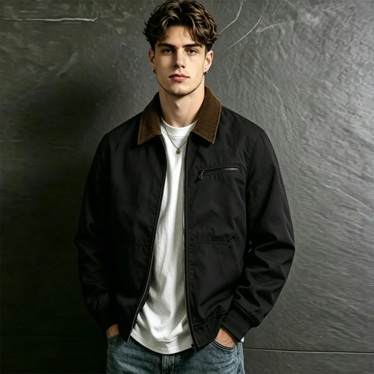 Men's Vintage Corduroy Workwear Bomber Jacket - Menswear Top, Contrast Collar, Full Zipper, Chest Pocket, Elastic Cuffs, Medium Length, Plain Polyester, Foldable, Machine Washable, Long Sleeve Urban Daily Outdoor Casual Outer Coat
