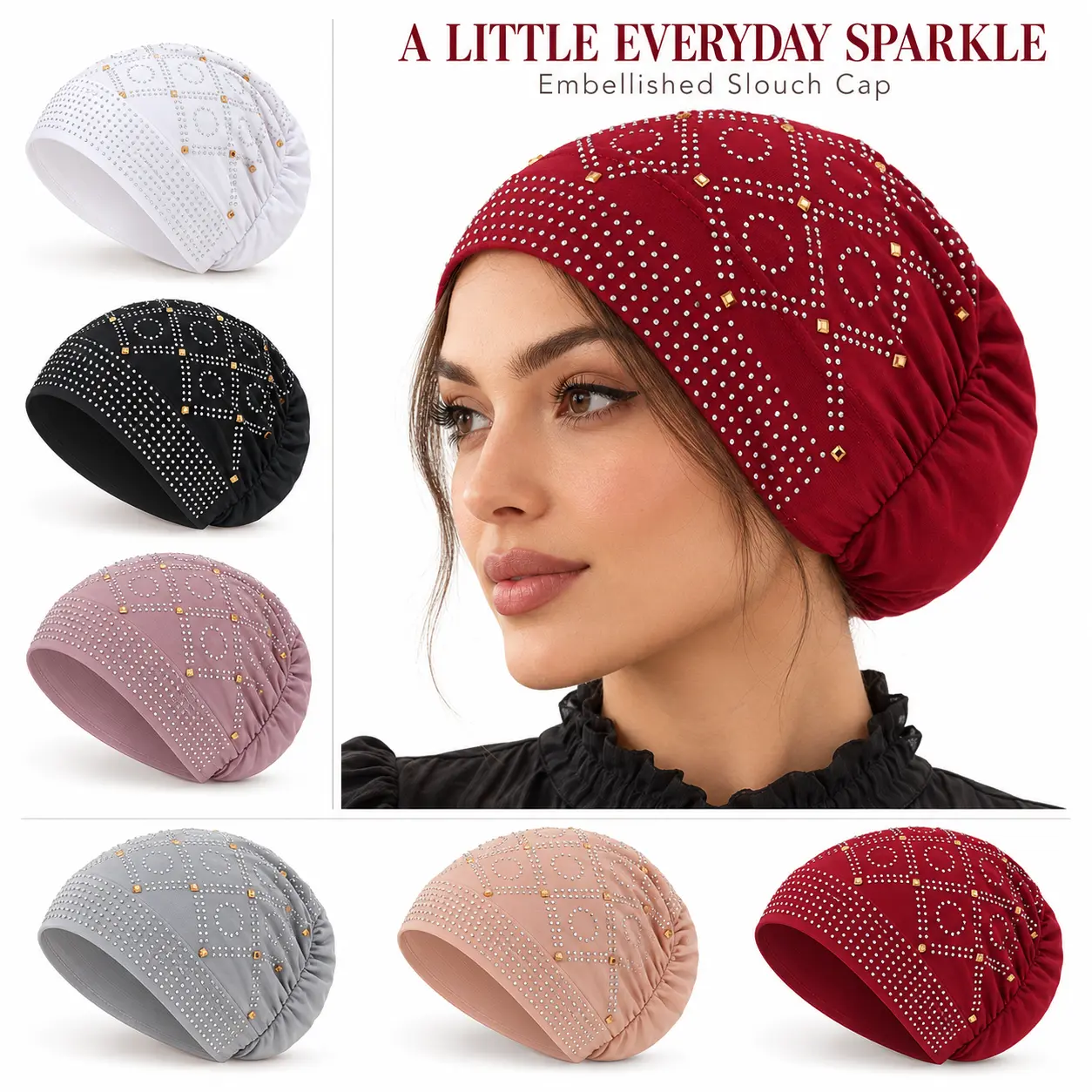 Women's Crystal Embellished Headscarf Hat Turban Hijab for Muslim Modesty, Pure Color Small Base Cap Undercap, Fashionable Rhinestone Design, Casual Daily Wear Accessory Modest