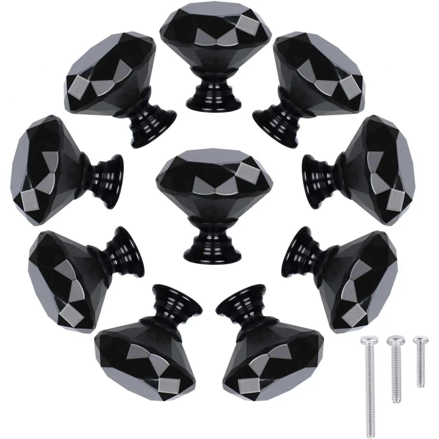 10 Pack Diamond Shaped Crystal Glass Drawer Knobs, Black 30mm Cabinet Pulls Handles with Screws for Dresser Cupboard Chest Home OfficeGift