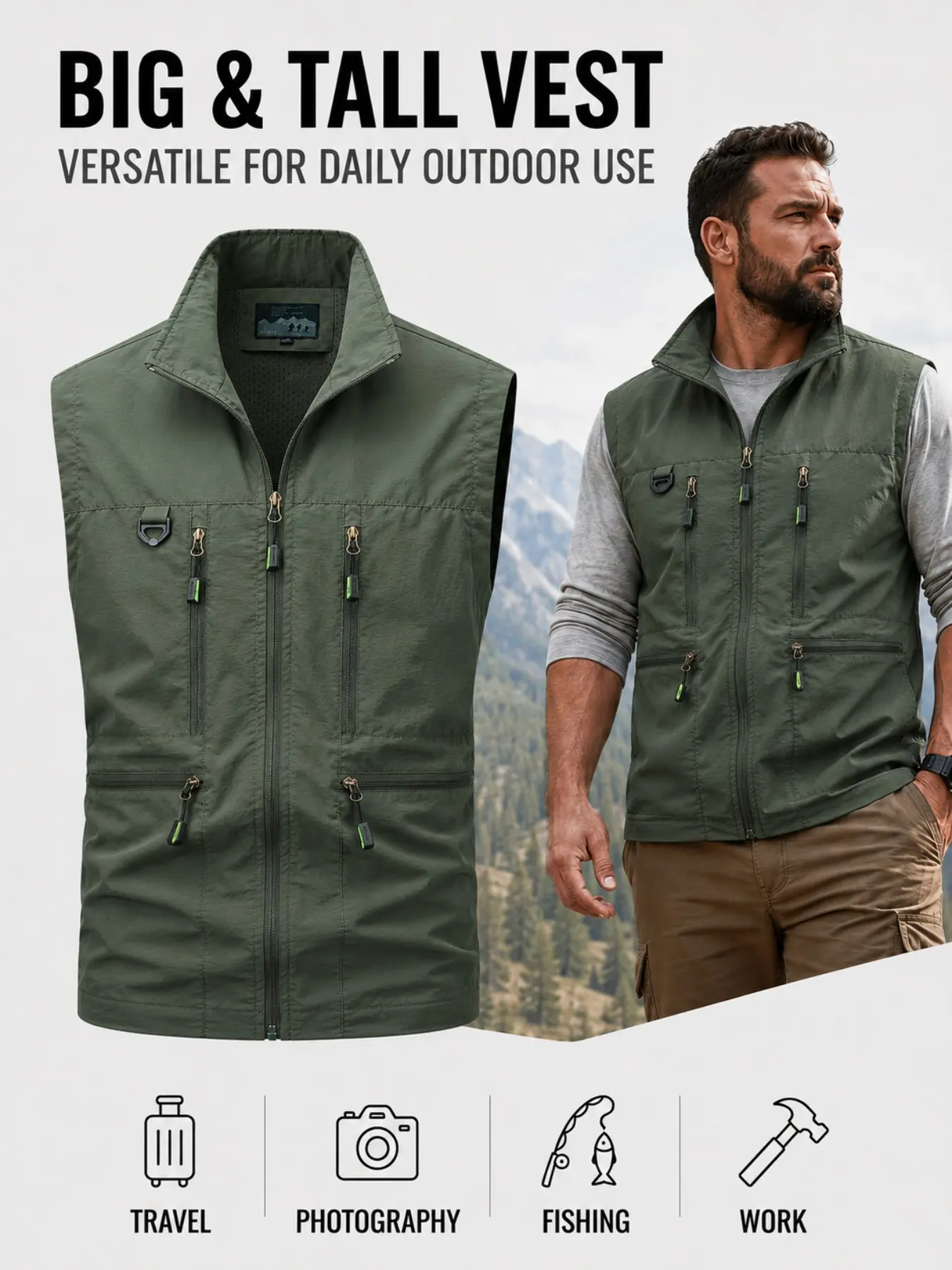Men's Big & Tall Gilet, Multi-Pocket Zipper Vest, Casual Plain Solid Color, All-Seasons, Ideal for Outdoor Activities, Comfortable Fit