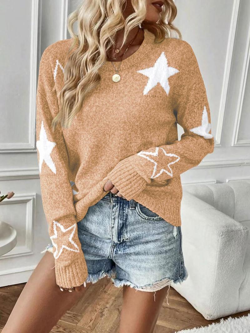 Women's Star Print Drop Shoulder Sweater, Casual Long Sleeve Round Neck Jumper for Fall & Winter, Fashion Ladies' Knitwear for Daily Wear, Tops