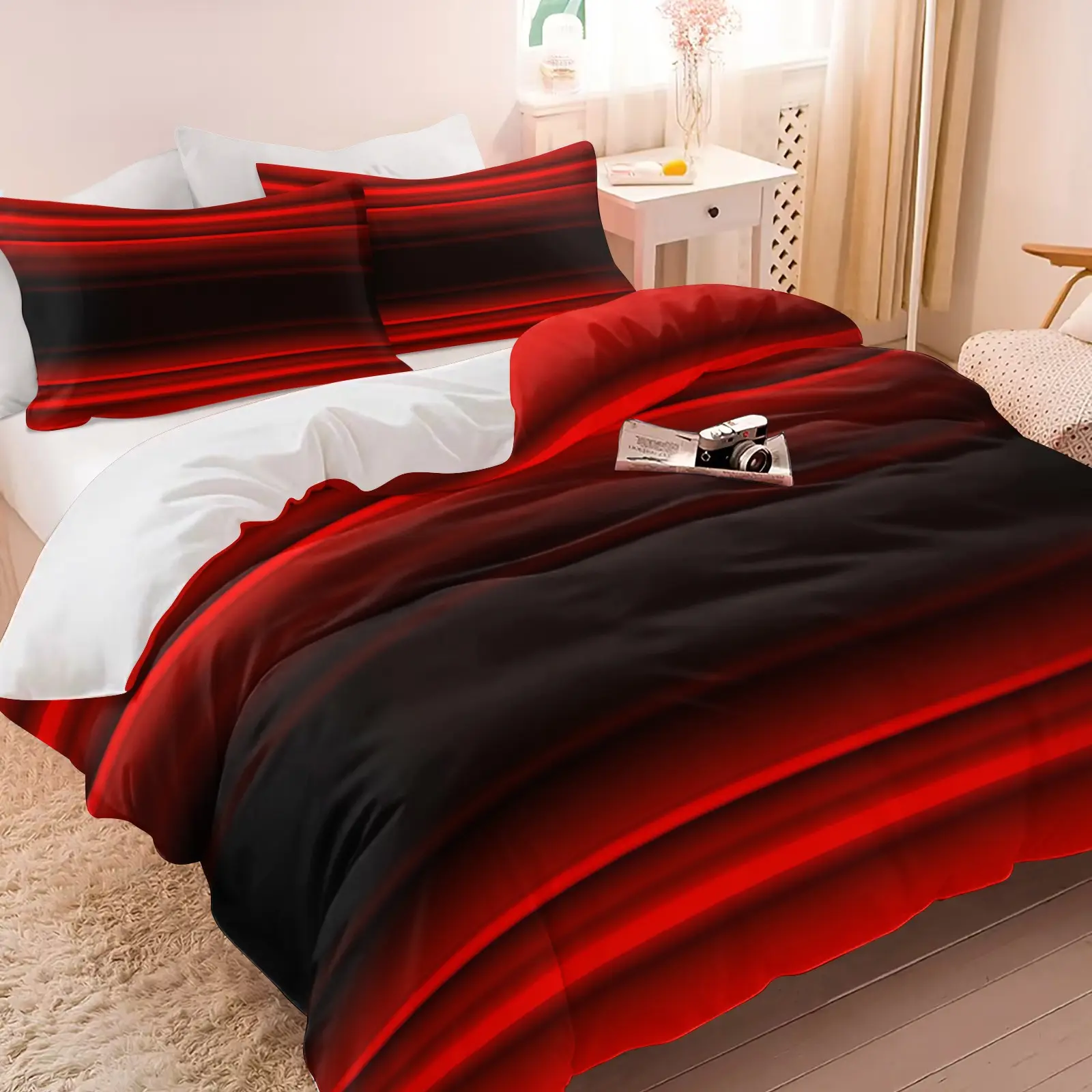 2/3Pcs Red Black Gradient Striped Duvet Cover Set, Modern Ombre Line Print Comforter Cover, Stylish Bedding Set No Filler, Soft Microfiber Decorative Bed Set for Adults Bedroom Apartment Home Decor