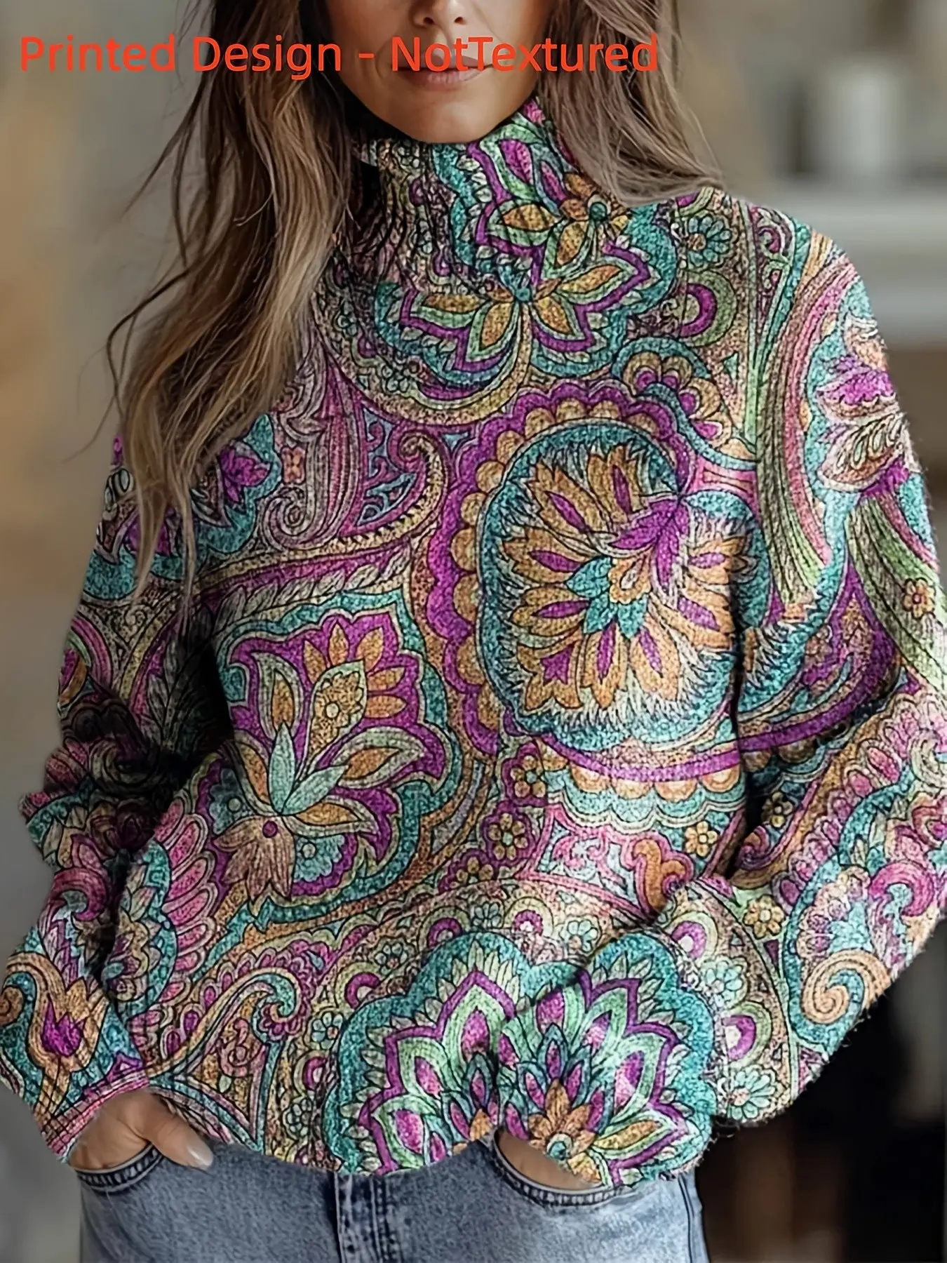 Women's Fall Winter Sweater, Long Sleeve High Neck Slim Fit, Floral All over Print, Elegant Digital Printing, Fashionable Knit Top, Turtleneck