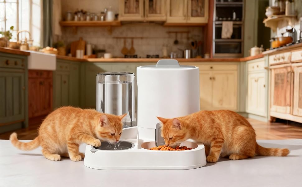 Automatic Cat Feeder and Water Dispenser Set, 2-in-1 Gravity Food Bowl Station for Small Medium Cats Dogs Puppy Kitten Rabbits, Auto Feeding Supplies ,modern design, waterer combo,cat dish