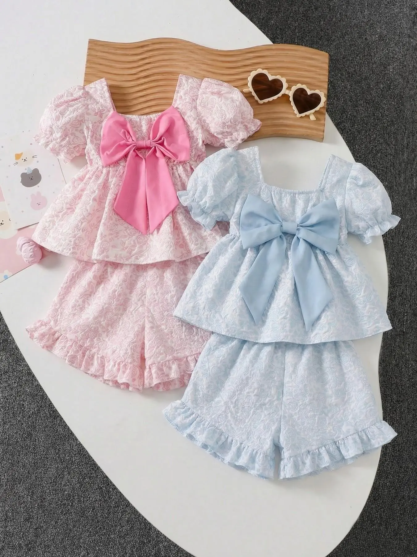 Cute Baby Girl Ruffled Sleeve Blouse with Big Bow and Lace Shorts Set, Perfect for Spring Summer Outdoor Casual Wear