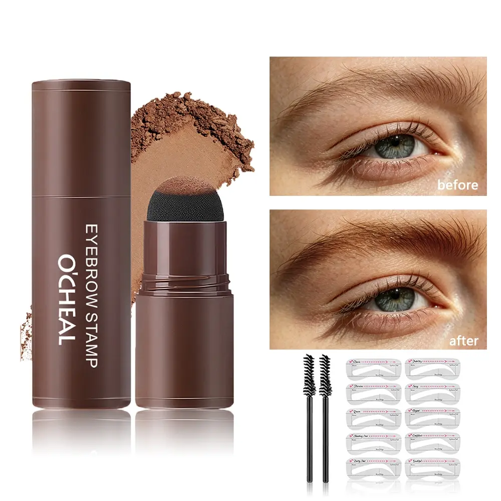 Eyebrow Stamp Stencil Kit, One Step Perfect Brow Stamp Powder with 10 Reusable Eyebrow Stencils & 2 Spoolie Brushes, Waterproof Long Lasting Eyebrow Makeup, 3 Shades Light/Dark Brown Black for Beginners