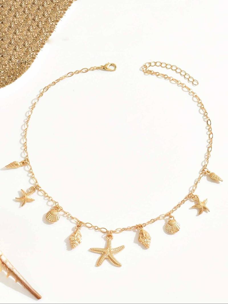 Women's Boho Style Starfish & Shell & Conch Design Layered Necklace, Vintage Trendy Pendant Necklace, Chic Jewelry As Gift for Girlfriend, Daily Wear Necklace, Dainty Necklace