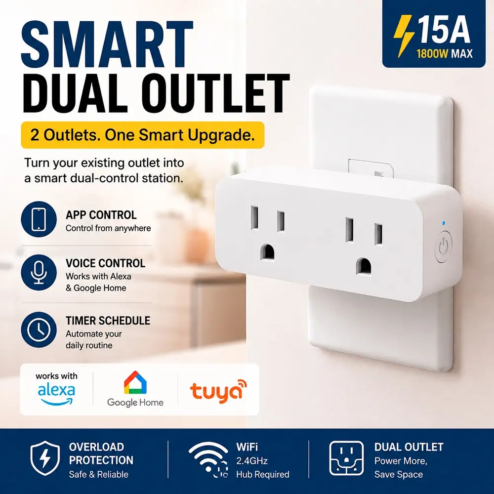 15A WiFi Smart Dual Outlet, Smart Wall Plug with Energy Monitoring, Remote APP Control, Timer & Voice Control Compatible with Alexa Google Home
