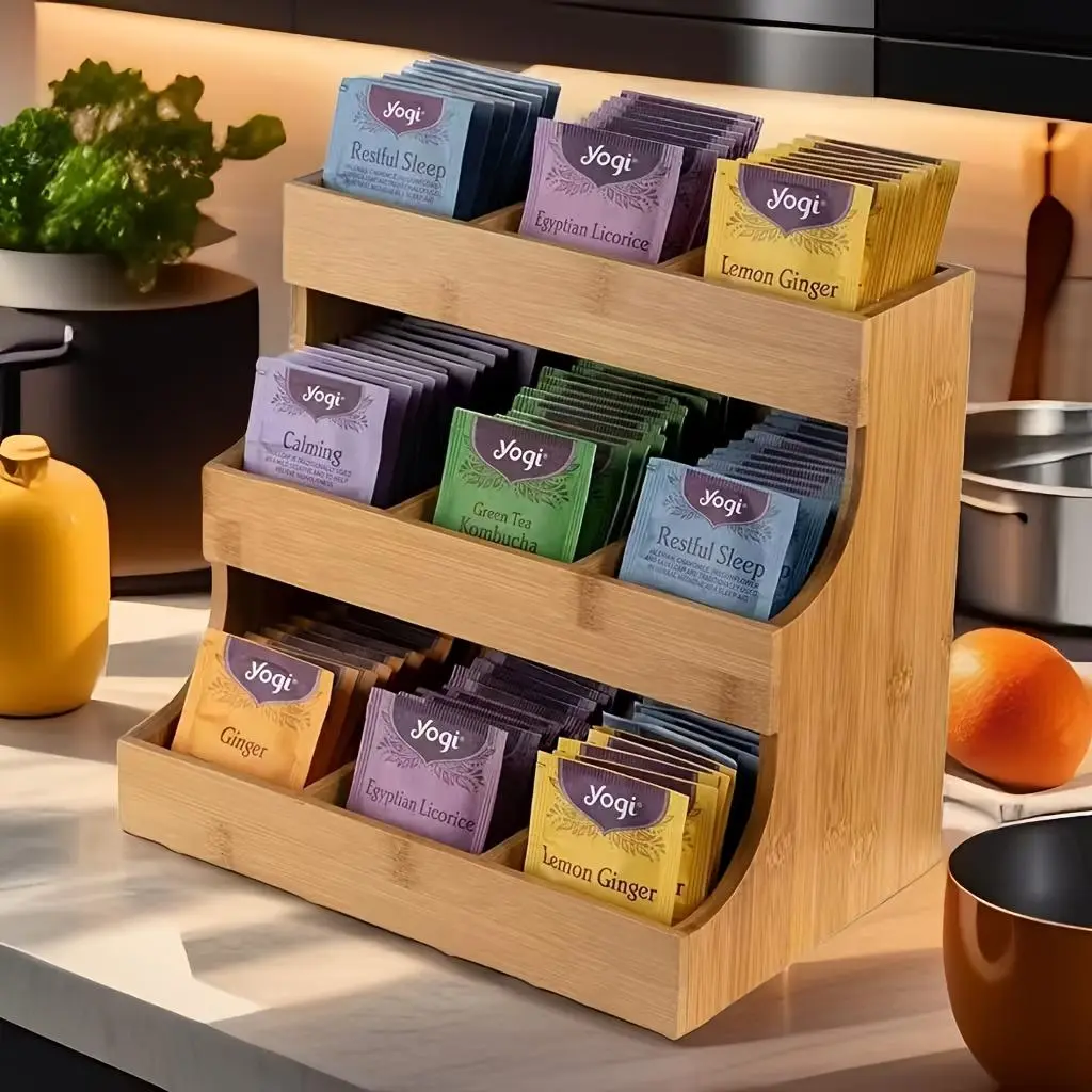 Small Wooden Tea Bag Storage Box - 180-Count Capacity Home Organizer for Kitchen, Office, Sugar Packets, Sweeteners, Creamer