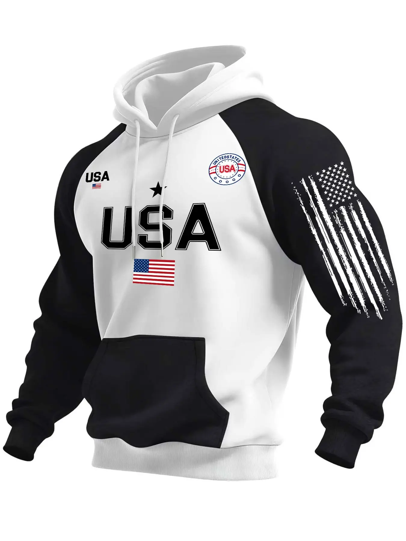 Men's Colorblock Hoodie with Usa Flag Print, Fall Winter Fashion, Loose-Fit Casual Sweatshirt, Retro Drawstring Design