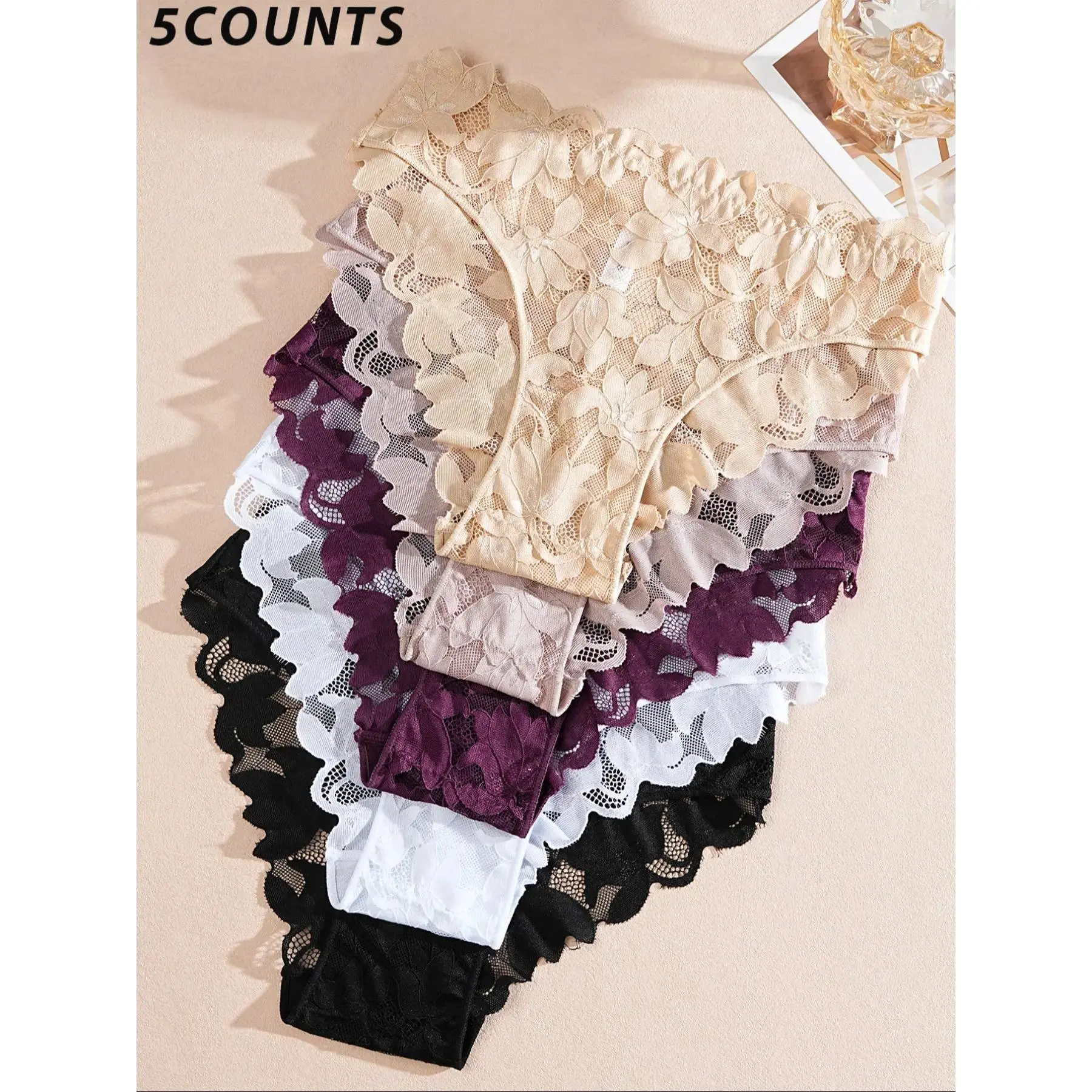 Women's Lacy Fitted Panty Set - Lace Detail, Soft Fabric, Hollow-Out Breathable Knicker, Lightweight Intimates, Multicolor Daily Wear & Date Night Sportswear Set