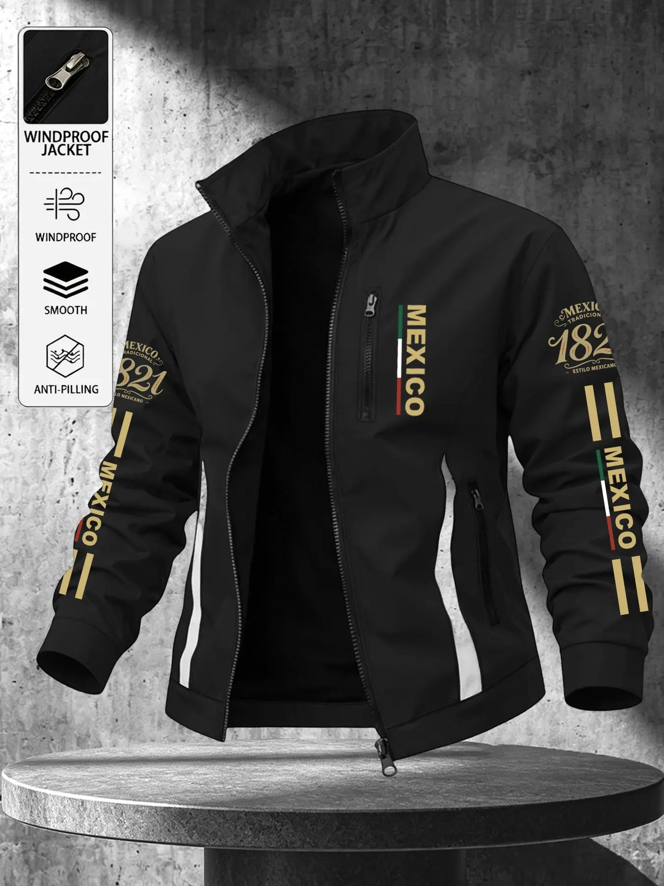 Men Windproof Anti‑Pilling Smooth Stand Collar Jacket, Mexico 1821 National Flag Graphic Print Full‑Zip Outerwear With Multi Zipper Pockets Casual Sports Coat#MensJacket #WindproofCoat #MexicoJacket #MexicanPride #PatrioticWear #MensFashion