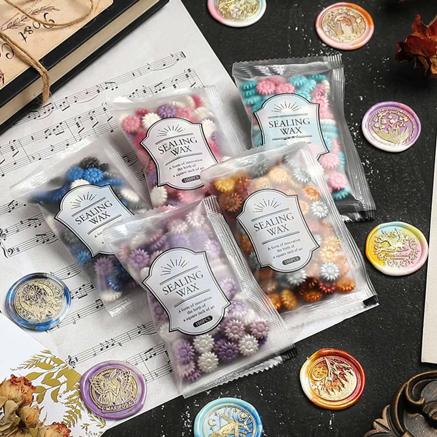 100pcs Flower Shape Sealing Wax Seals, Multi-Color Vintage Wax Beads, Sunflower Mix Wax Seal Set, Wedding Invitations, Envelopes, Gift Wrapping