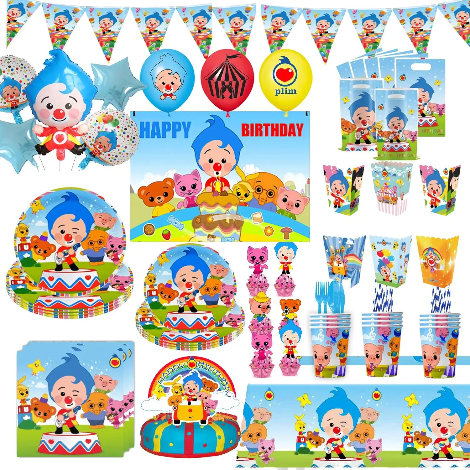 Cute Cartoon Clown 60pcs Birthday Party Decoration Set, Home Decor Supplies for Kids Including Tableware, Cups, Plates, Balloons, Banner, Backdrop, Gift Bags & Favors, 60Pcs Set