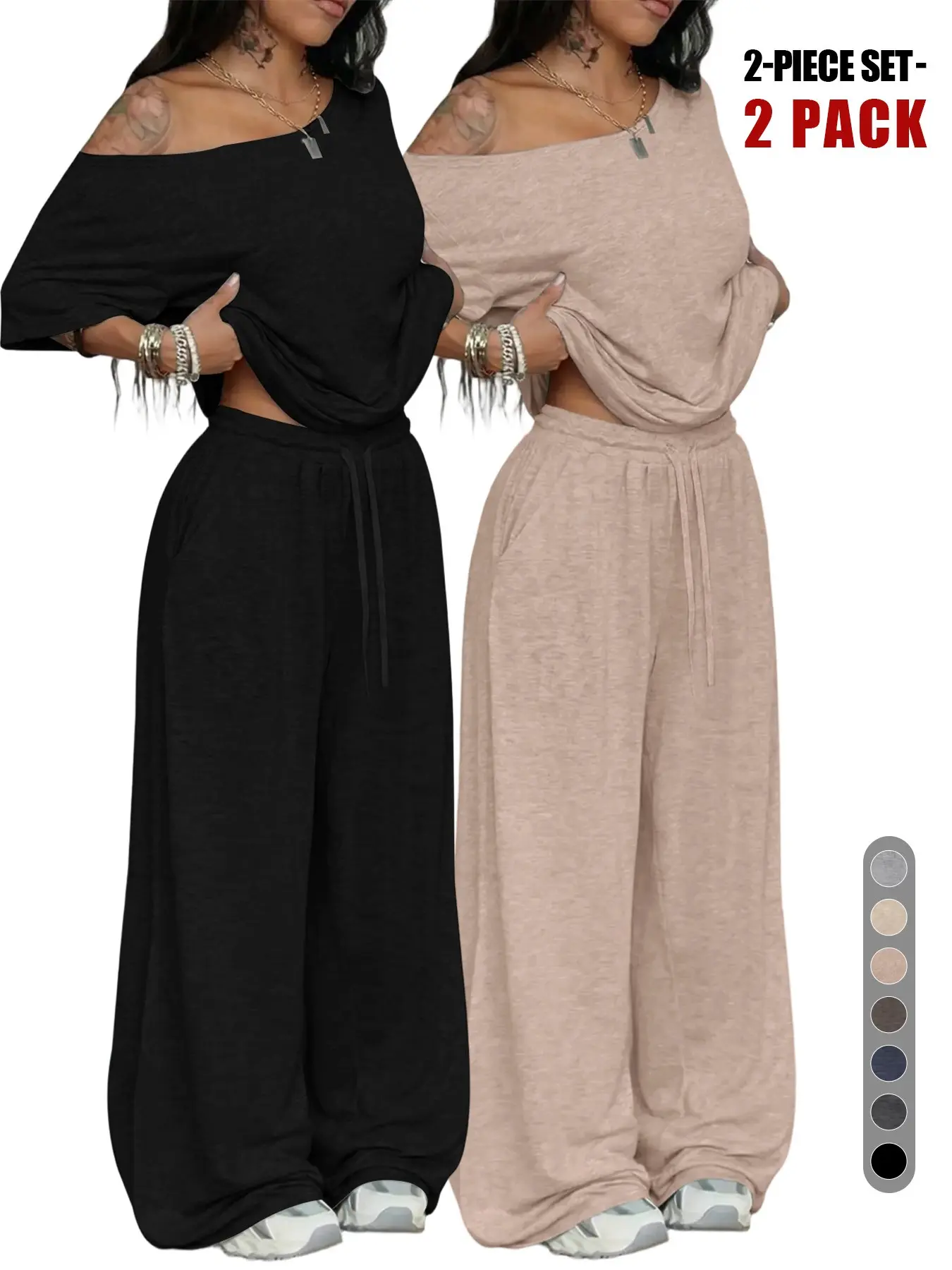 Women's Solid Color Matching Two-Piece Set, Asymmetrical Neckline Top & Drawstring High Waist Wide-Leg Pants, Adjustable Basic Casual Everyday Loungewear