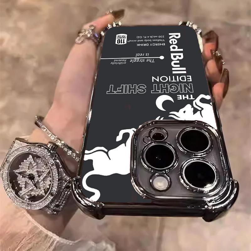 Red Bull for iPhone Case-Night Shift For iphone 17 16 15 14 13 12 11 Pro Max Plus Air Electroplating luxury transparent four corner anti drop and shockproof phone case 088 Protection Cover Protective Casing Black Smartphone Cellphone
