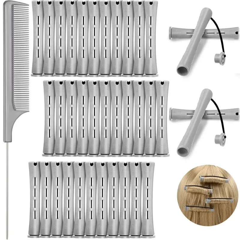 Heatless Cold Wave Rod Hair Styling Set, Quick Natural Curling Curl Styling Kit with Steel Rat Tail Comb for Hairdressing