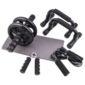 Black Compact Abdominal Trainer Set with 5 Pieces Home Fitness Equipment for Building Abs Includes Ab Roller Push Up Bars and Jump Rope