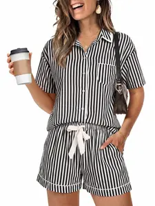 Women Classic Vertical Striped pyjamas for women, Notched Collar Short Sleeve Shirt, Elastic Waist Shorts, Soft Casual Loungewear