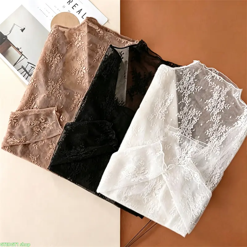 Women's High-Neck Lace Top, 3/5-Piece Set, 3/5 Colors - Long-Sleeve Vintage Floral-Patterned Layering Piece for Autumn Winter, 3 Pcs