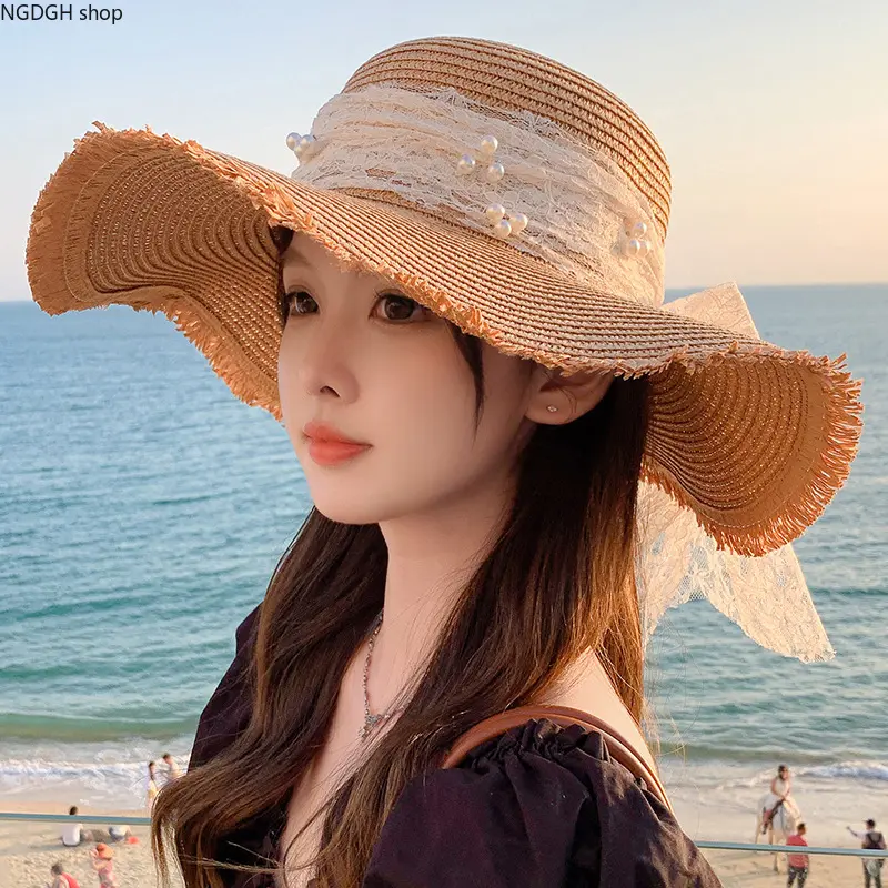 Beach Hat - Floppy Straw Sun Hat Women Wide Brim Lace Pearl Bow Hat for Beach Summer Vacation