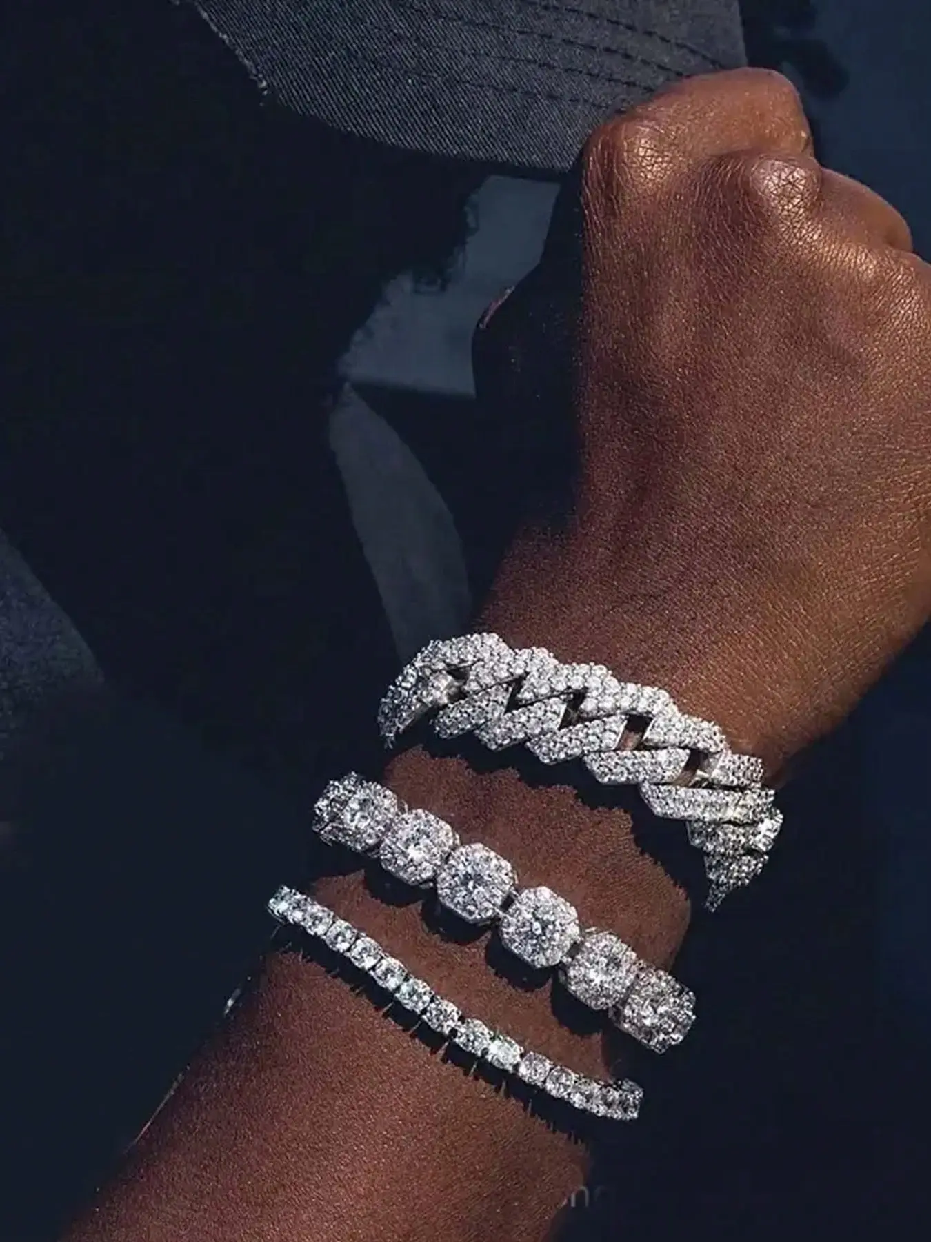 Three stacked bracelets set with full-diamond Cuban chains, square-diamond tennis bracelets｜Street-style accessories for guys with a rap and hip-hop vibe