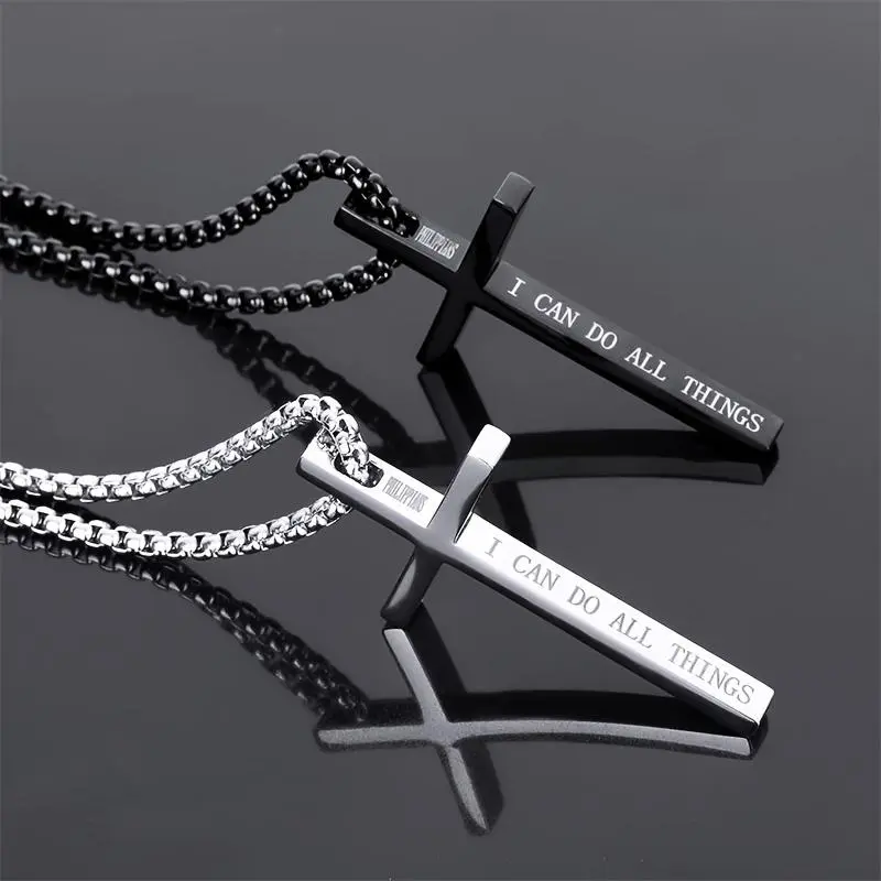 Stainless Steel Cross Pendant Necklace for Boys, Faith Jewelry with "I Can Do All Things" Engraving on a Cuban Link Chain, Pendant Cross, Repro-Free Safe, Engraved Cross
