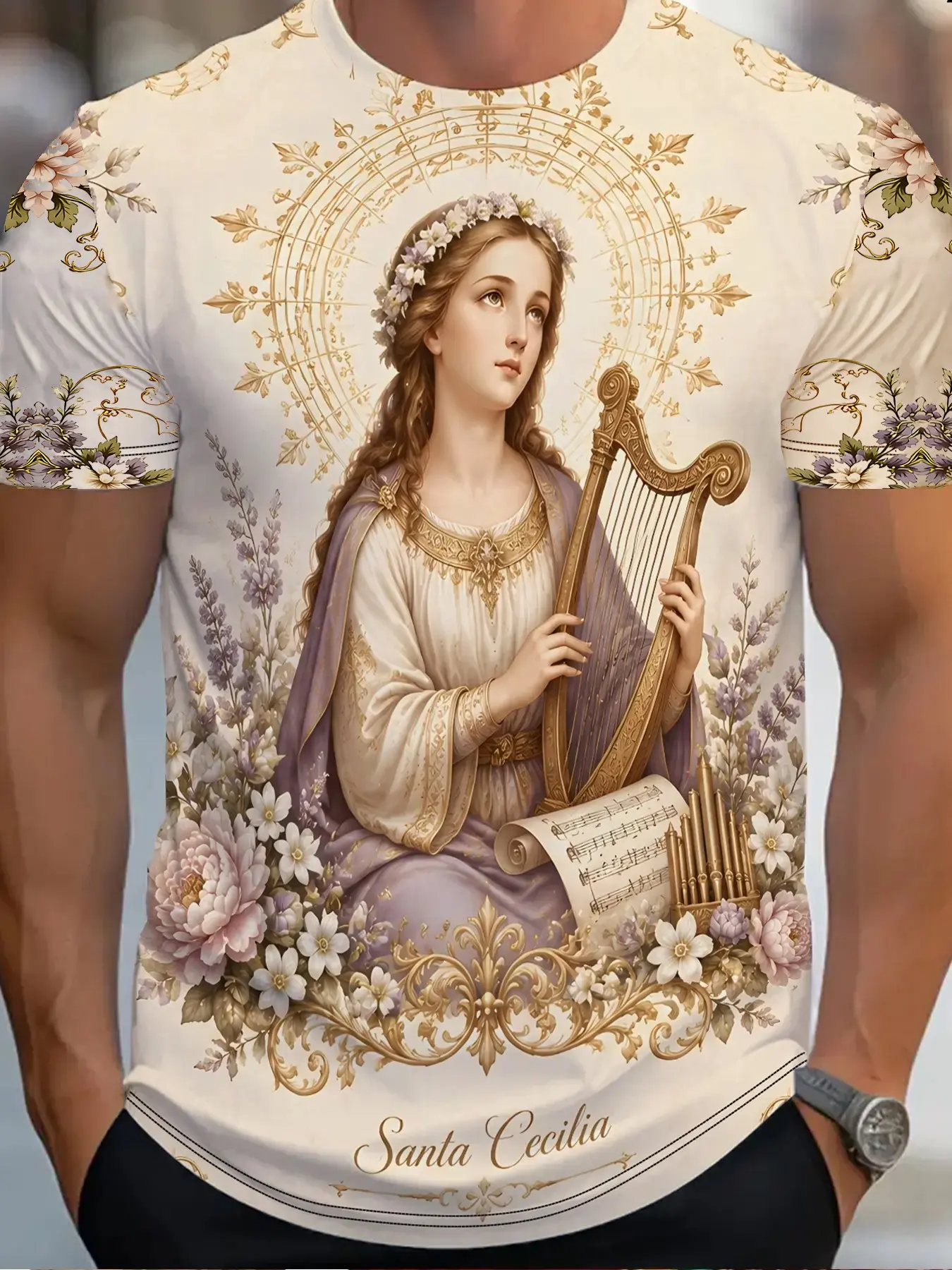 Music Saint Cecilia T-Shirt, Off- Base, Sheet Music Harp Floral Antique Portrait, Loose Fit, Unisex, Short Sleeve, Casual, Festive, Print