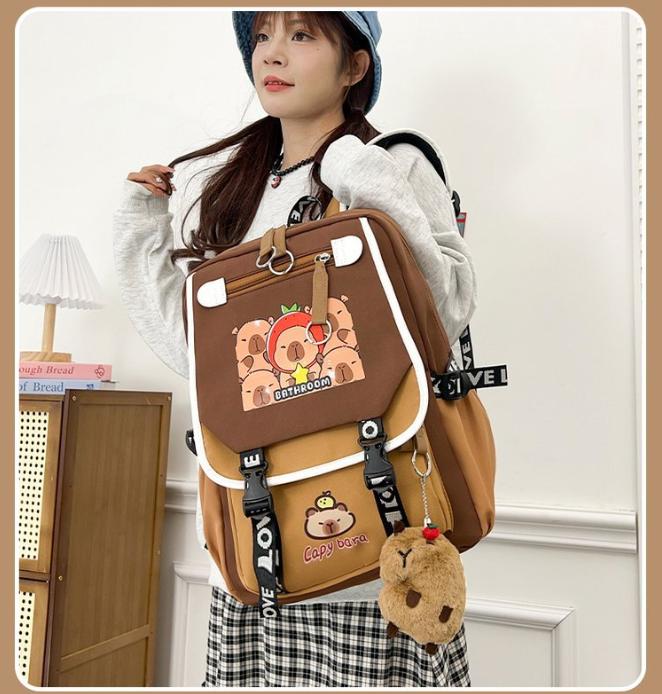 Capybara Backpacks Schoolbag for Teenage Waterproof Girls Boys Backpack Female Travel Bag Bookbag Mochila with Plush Keychain