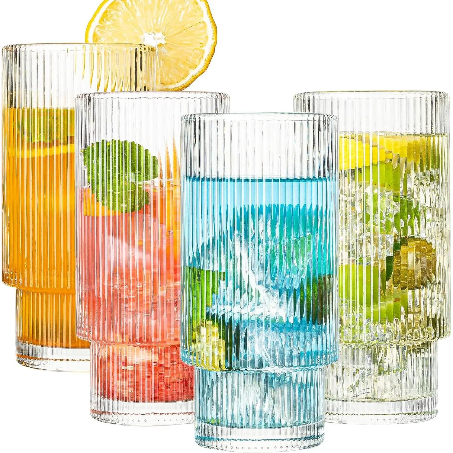 Drinking Glasses, 16oz Origami Style Glass Cups with straw, 4 count Highball Glasses, Elegant   Glassware, Ribbed Glasses, Iced Coffee Glasses Ideal for  , Juice