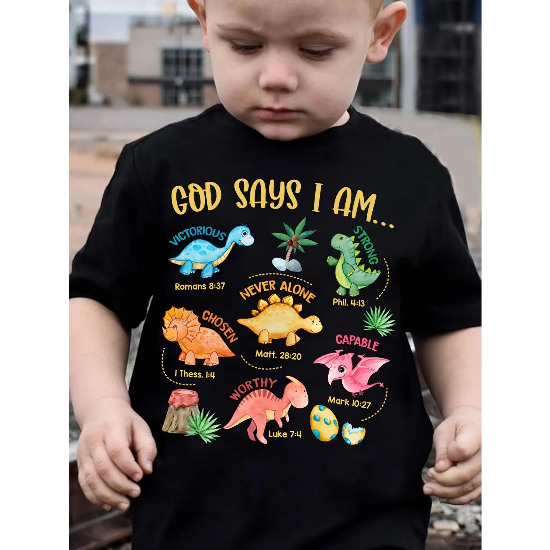 Boys "God Says I Am" Dinosaur Printed Cotton T-Shirt - Short Sleeve, Crew Neck, Color Prehistoric Illustrations, Casual Summer Top, Dinosaur Clothing