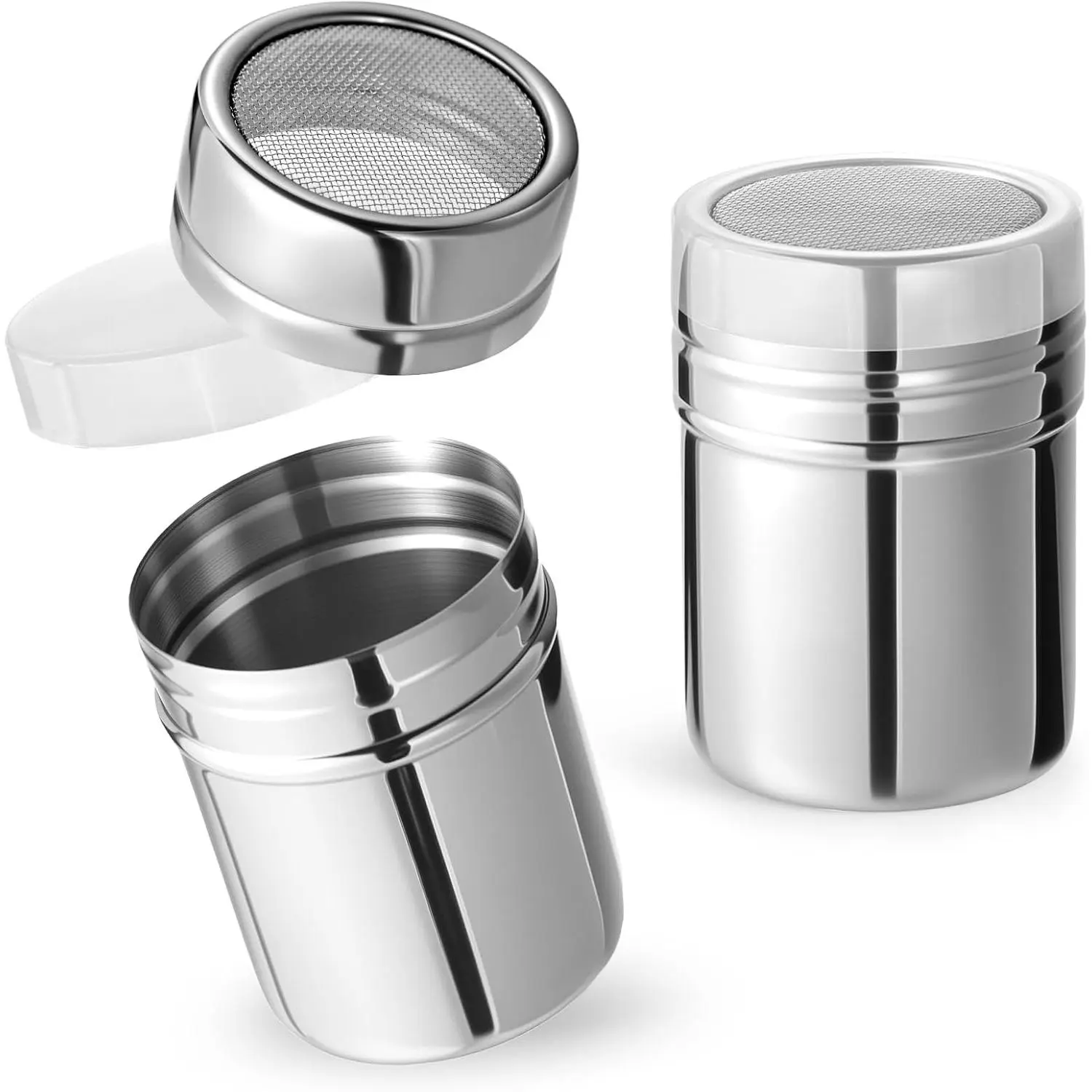 Powdered Sugar Shaker Duster, 2 count Stainless Steel Cinnamon Shaker for Coffee Bar, Fine Mesh Dredge, Salt and Pepper Shakers for Soda, Cocoa, Cornstarch, Seasoning, 6 Ounce, with Lid