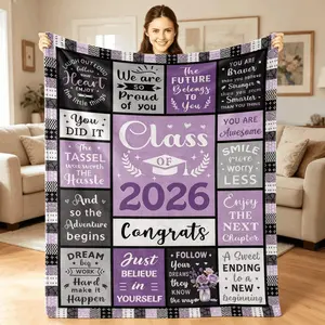 Graduation Gift Class Of 2026 Flannel Blanket Kids Blanket Adult Blanket Purple Quote Print Soft Elastic Breathable Throw For Women Girls Dorm Sofa Bed