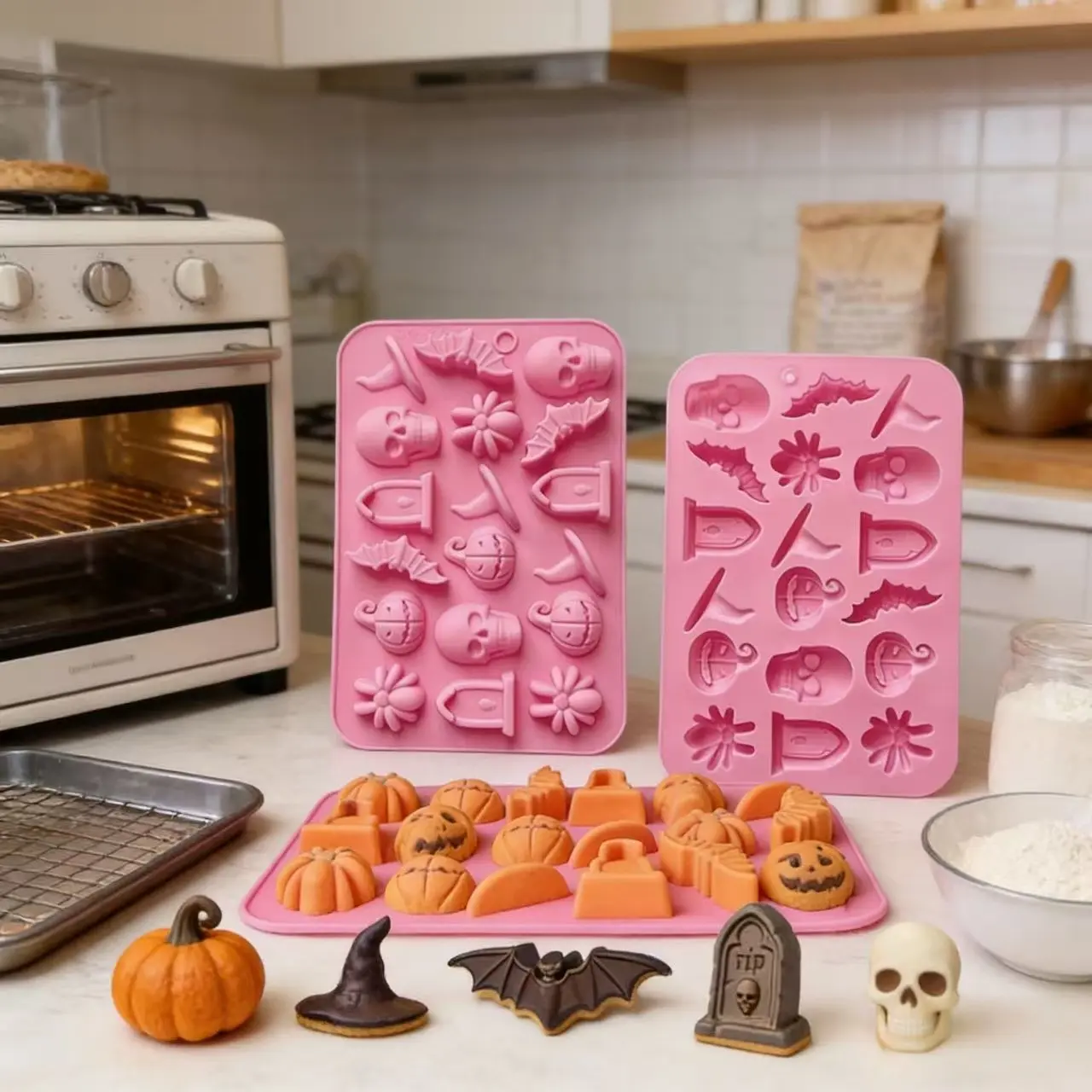 Set of 2/4Pcs Halloween Silicone‑Baking‑Mold Assortment, Skull & Spider Shaped Silicone Molds, Multi‑use baking mould for cake, chocolate, candy making, Also great for epoxy resin craft decoration, Flexible non‑stick easy‑release bakeware