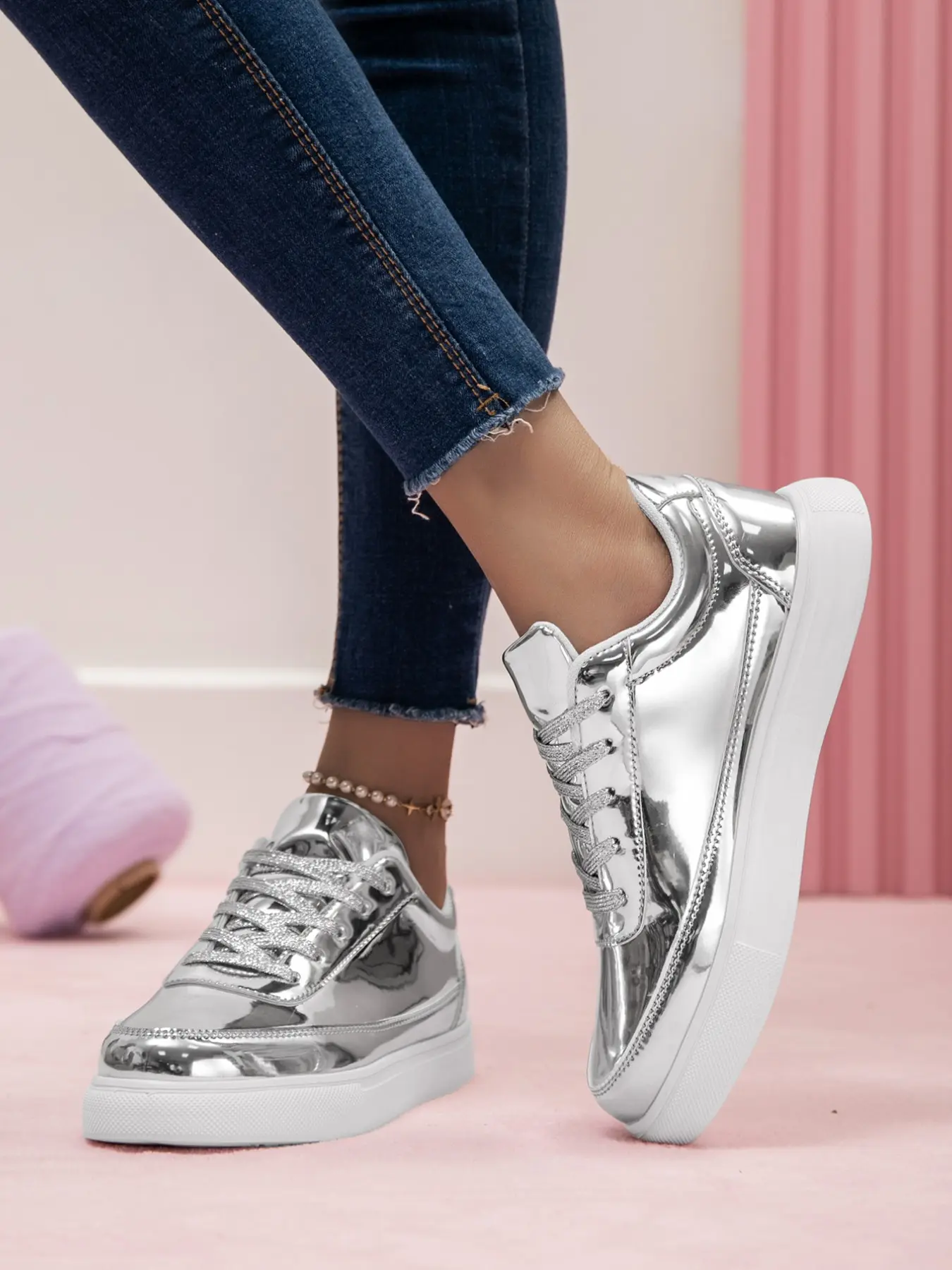 Women's Mirror Gold Low Top Sneakers, Trainer, Thick Soled Trainers, Thick Sole Street Dance Shoes, Casual, Waterproof Reflective Gold Panel, Durable Easy Care, Pair with Jeans or Work Pants