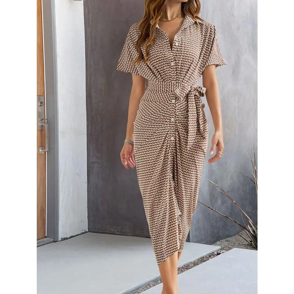 YF Women Houndstooth Print Shirt Midi Dress, Collared Button Down Tie Waist Ruched Bodycon Dress, Short Sleeve Elegant Work Office Dress for Casual Business Date, Brown Black Multi Sizes
