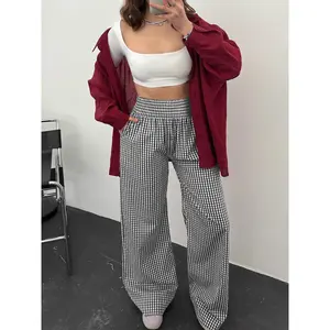 Womens Wide Leg Gingham Plaid Pants Casual  Loose High Waist Palazzo Harem Pants with Pockets