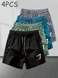 4-Piece Sport Shorts Set, Outdoor Running, Fitness Training, Casual Wear, Minimalist Lightning Arrow Print, Lightweight Quick-Dry Fabric, Unisex