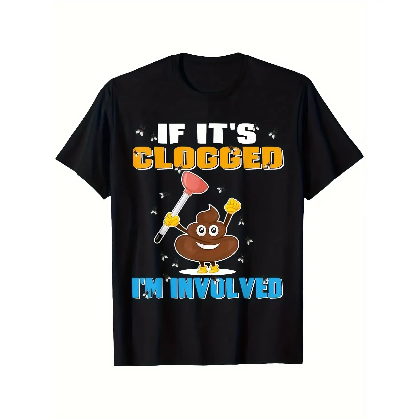 Plunger Poop Cartoon Funny Graphic Oversized Pure Cotton Black T-Shirt, Cute Comfort Fashion Crew Neck Short Sleeve Outfit, Plumber Repairman Humor Casual Tee, Ideal Valentine Holiday Gift For Plumbers, Drain Cleaners, Boyfriend, Husband & Handyman Family