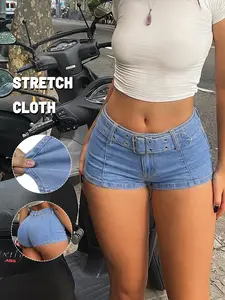 GILIPUR 1pc Women Stretch Denim Mini Shorts Y2K Vintage Eyelet Belt High Waist Skinny Jean Hot Pants Multi Color Street Club Outfit TChic Streetwear