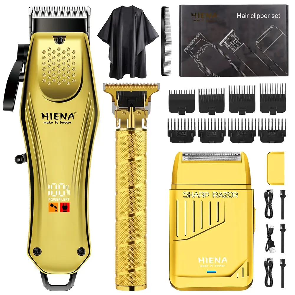 HIENA Men 3-in-1 Professional Hair Clipper Kit LED Display USB Charging Beard Detail Trimmer with Cape & Guards, Ideal Father’s Day & Friend Gift