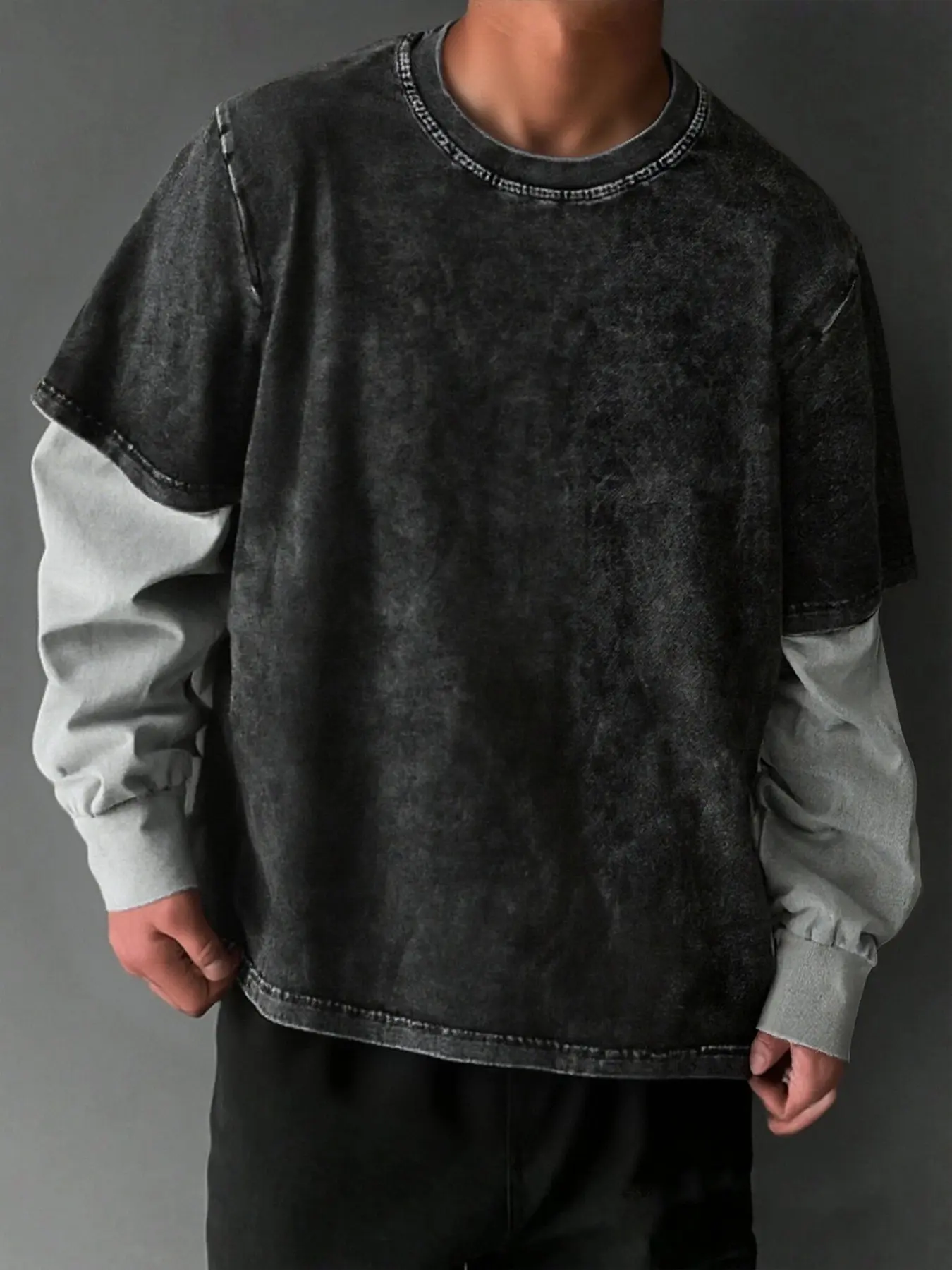 Men's Long Sleeve Sweatshirt, Vintage Stone Wash Patchwork Sleeves, Loose Fit Round Neck, Fall & Winter Casual Wear, Unisex Street Style
