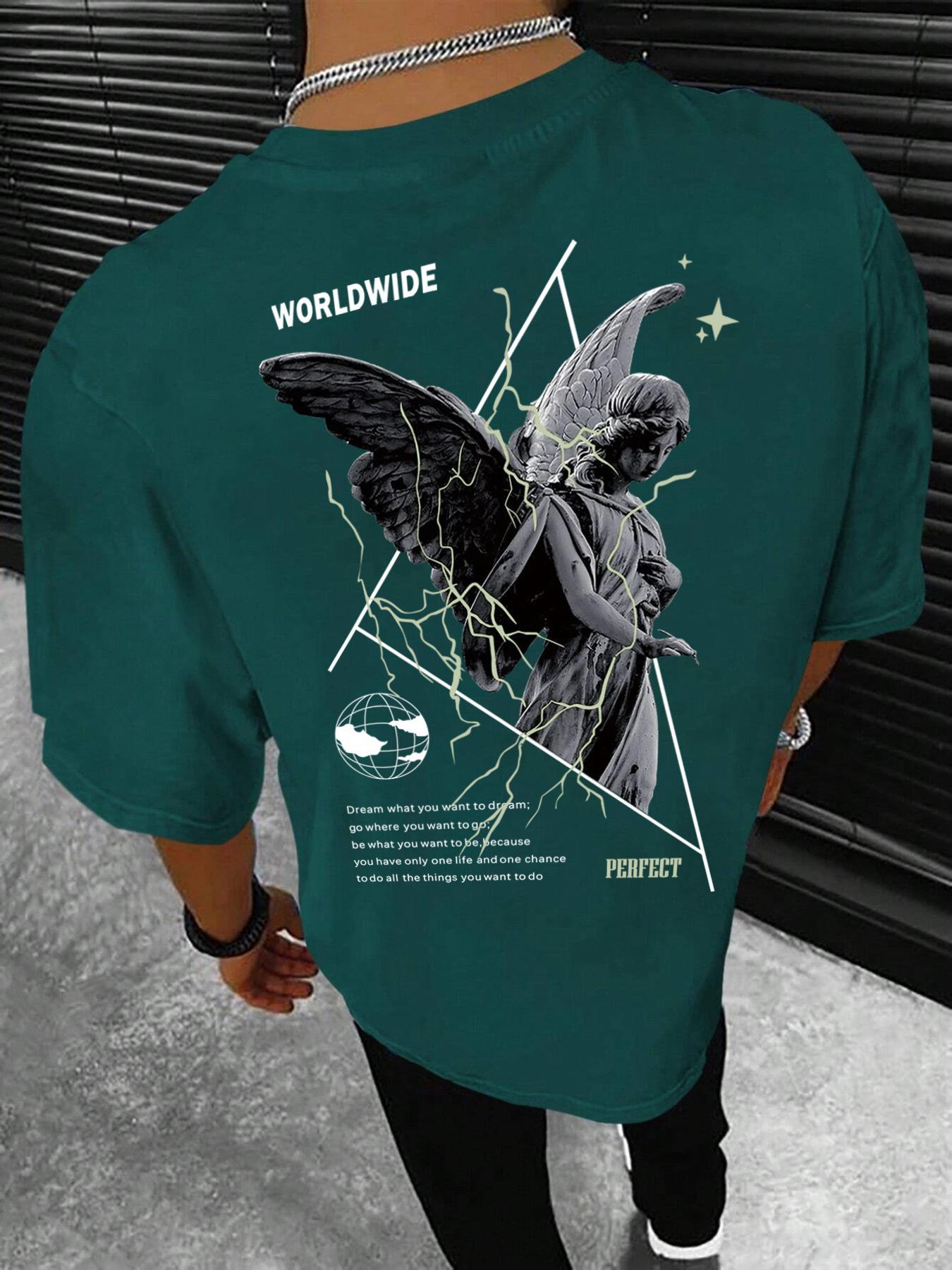 Unisex Men's Letter & Sculpture Print Drop Shoulder Tee, Loose Crew Neck Half Sleeve T-shirt for Men, Casual Comfy Knitting Top for Summer