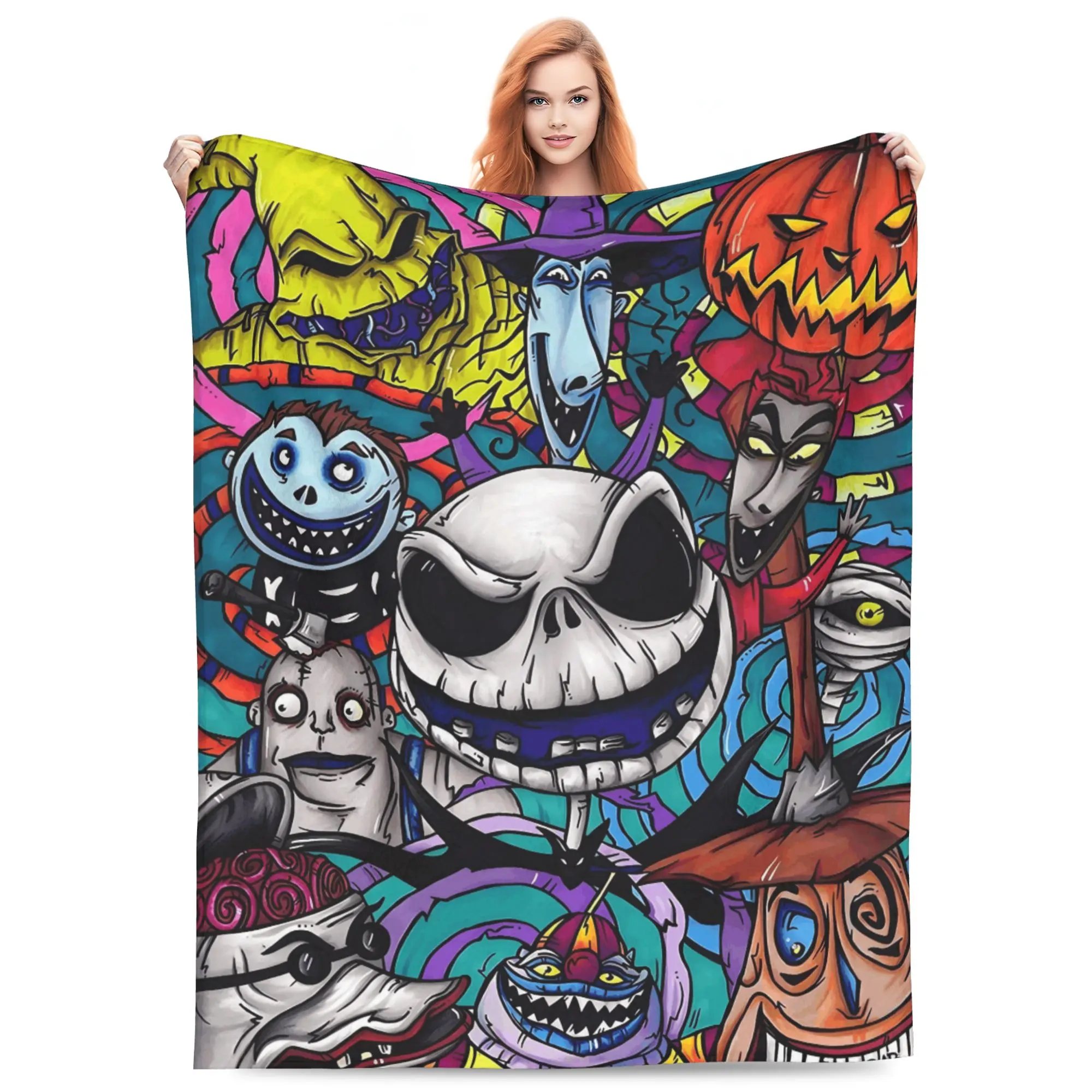DISNEY CLASSIC Nightmare Before Christmas Jack Skellington & Villains Graffiti Art Flannel Blanket, Jack Surrounded by Oogie Boogie Lock-Shock-Barrel, Vibrant Spiral Design, Soft Cozy Throw, Whimsical Home Decor, Ideal for Room & House Use, Room Decor, Fl